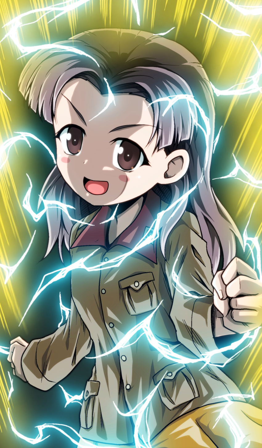 1girl absurdres alternate_hairstyle aura bangs black_hair blush_stickers brown_eyes brown_jacket chi-hatan_military_uniform clenched_hands commentary electricity fukuda_(girls_und_panzer) girls_und_panzer hair_down highres jacket kamishima_kanon long_hair long_sleeves looking_at_viewer military military_uniform open_mouth parted_bangs pleated_skirt skirt smirk solo standing super_saiyan super_saiyan_2 uniform v-shaped_eyebrows yellow_skirt