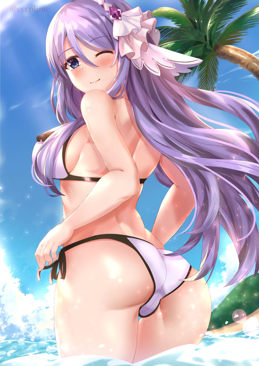 1girl ass bangs beach bikini blue_sky breasts closed_mouth commentary_request eyebrows_visible_through_hair from_behind gem hair_ornament hair_over_one_breast highres long_hair looking_at_viewer medium_breasts ocean one_eye_closed palm_tree princess_connect! princess_connect!_re:dive purple_bikini purple_hair shizuru_(princess_connect!) sideboob sky smile solo swimsuit thighs tree twitter_username violet_eyes water watermark yagiryu