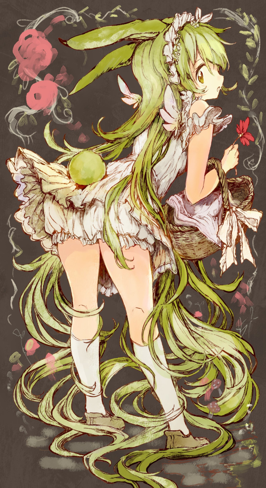 1girl absurdres angel_wings animal_ears bloomers bunny_tail camomi dress flower frilled_dress frills from_behind green_eyes green_hair headdress highres holding holding_flower kneehighs leaning_forward long_hair original picnic_basket rabbit_ears shoes solo tail underwear very_long_hair white_dress white_legwear wings