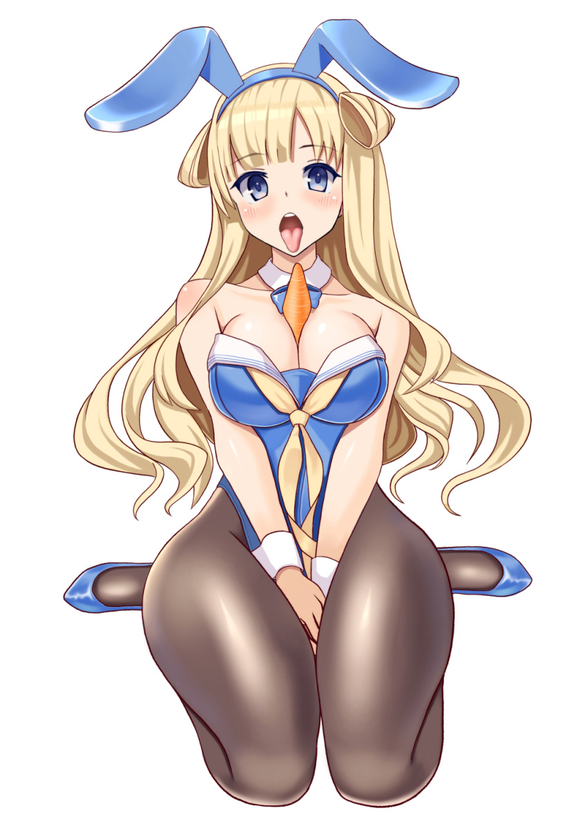 1girl animal_ears arms_between_legs between_breasts black_legwear blonde_hair blue_eyes blue_footwear blue_leotard blue_neckwear bow bowtie breasts bunny_girl bunny_tail bunnysuit carrot detached_collar double_bun fletcher_(kantai_collection) full_body high_heels highres kantai_collection kusunoki_toona large_breasts leotard long_hair looking_at_viewer pantyhose rabbit_ears sexually_suggestive simple_background solo tail tongue tongue_out v_arms white_background wrist_cuffs