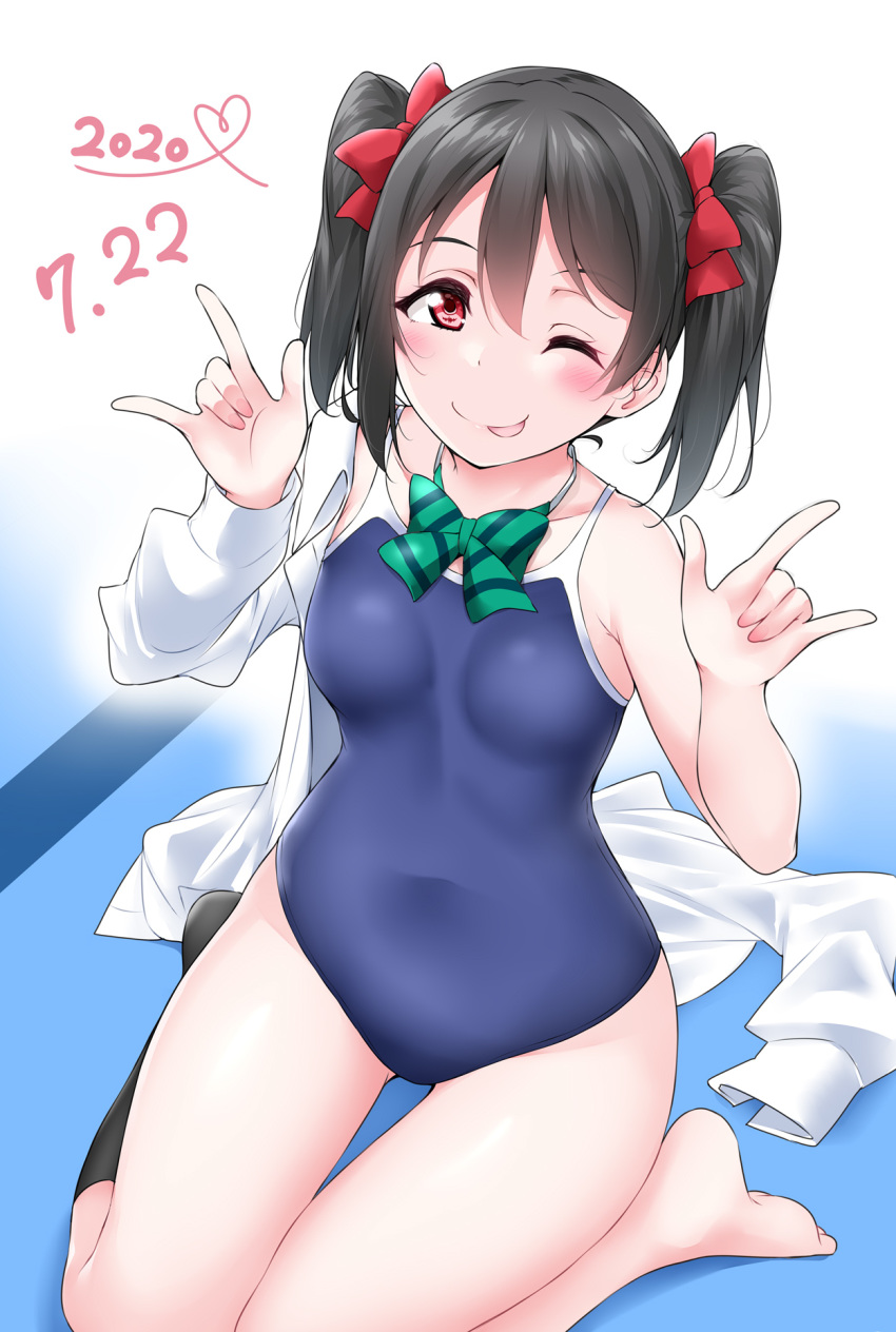 1girl 2020 ;p barefoot black_hair black_legwear blue_swimsuit blush bow bowtie breasts collarbone green_neckwear hair_bow hand_gesture highres kneehighs long_sleeves looking_at_viewer love_live! love_live!_school_idol_project one-piece_swimsuit one_eye_closed open_clothes open_shirt red_bow red_eyes seiza shirt_removed single_sock sitting sleeveless small_breasts socks solo striped striped_neckwear swimsuit tongue tongue_out twintails yazawa_nico yopparai_oni