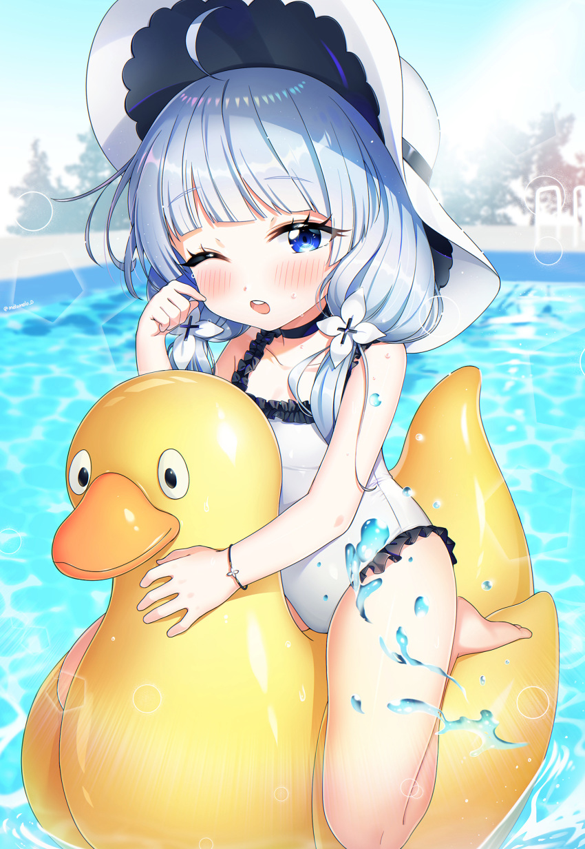 1girl ahoge azur_lane barefoot blue_eyes blush child choker eyebrows_visible_through_hair female frilled_swimsuit frills hat highres inflatable_duck inflatable_toy legs_up little_illustrious_(azur_lane) long_hair low_twintails melo_(meromero) one-piece_swimsuit one_eye_closed open_mouth pool riding silver_hair solo sun_hat swimsuit thighs twintails water white_headwear white_swimsuit