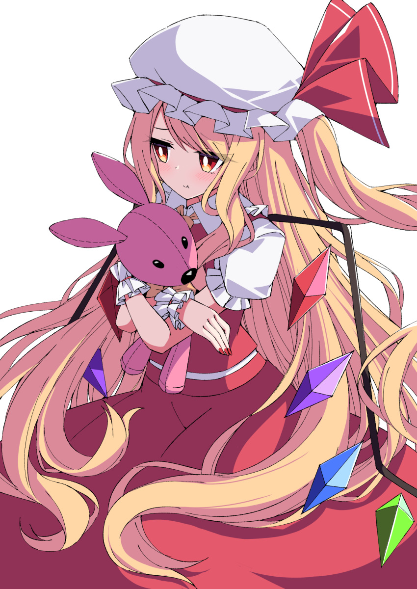 1girl :t alternate_hair_length alternate_hairstyle blonde_hair blush commentary_request crossed_arms fingernails flandre_scarlet hat hat_ribbon highres long_hair looking_to_the_side mob_cap nail_polish object_hug one_side_up partial_commentary puffy_short_sleeves puffy_sleeves red_nails red_skirt red_vest ribbon shirt short_sleeves simple_background sitting skirt solo stuffed_animal stuffed_bunny stuffed_toy touhou tsukimirin very_long_hair vest wariza white_background white_headwear white_shirt wings wrist_cuffs yellow_neckwear