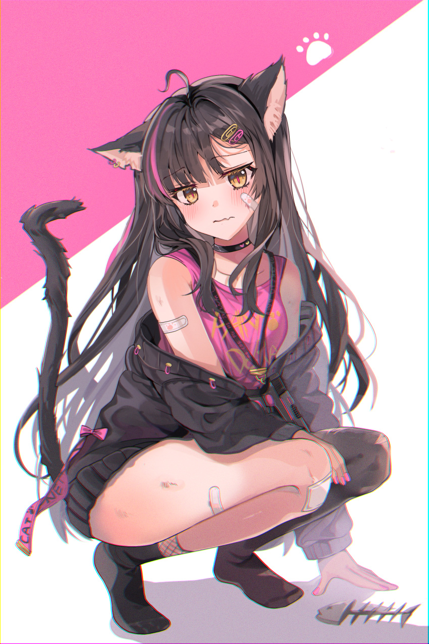 1girl absurdres animal_ear_fluff animal_ears bandaid bandaid_on_face bandaid_on_knee bandaid_on_shoulder bare_shoulders black_choker black_hair black_jacket black_legwear blush bow brown_eyes cat_ears cat_girl cat_tail chocho_(homelessfox) choker closed_mouth collarbone fang fang_out fish_bone frown full_body hair_ornament hairclip heart highres huge_filesize jacket long_hair long_sleeves looking_at_viewer mismatched_legwear multicolored_hair nail_polish off_shoulder open_clothes open_jacket original pink_bow pink_hair pink_nails pink_shirt shirt single_thighhigh skin_fang socks squatting streaked_hair tail thigh-highs two-tone_background two-tone_hair very_long_hair wilted_ahoge