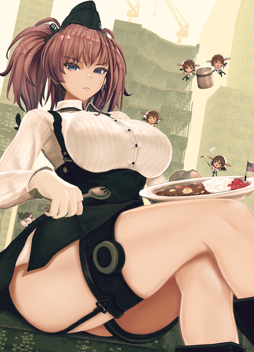 3d absurdres american_flag anchor_hair_ornament atlanta_(kantai_collection) bandana bangs black_skirt breasts brown_hair closed_eyes closed_mouth crossed_legs curry curry_rice custom_maid_3d_2 earrings ffkw flag food fork garrison_cap garter_straps gloves hair_ornament hat headgear hiei_(kantai_collection) highres holding holding_fork jewelry kantai_collection large_breasts long_hair minigirl multiple_girls open_mouth partly_fingerless_gloves pot rice short_hair single_earring skirt star_(symbol) star_earrings suspender_skirt suspenders two_side_up