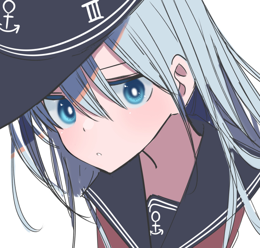 1girl absurdres anchor_symbol black_sailor_collar blue_eyes commentary_request flat_cap hat hibiki_(kantai_collection) highres kantai_collection long_hair looking_at_viewer sailor_collar school_uniform serafuku silver_hair simple_background solo tetuw upper_body white_background