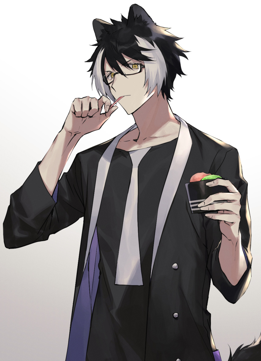1boy animal_ears black_coat black_hair buttons closed_mouth coat collarbone cup dog_ears glasses gradient gradient_background highres holding holding_cup holostars in_mouth kageyama_shien looking_at_viewer male_focus multicolored_hair namakawa short_hair simple_background solo standing streaked_hair tail upper_body virtual_youtuber white_hair yellow_eyes