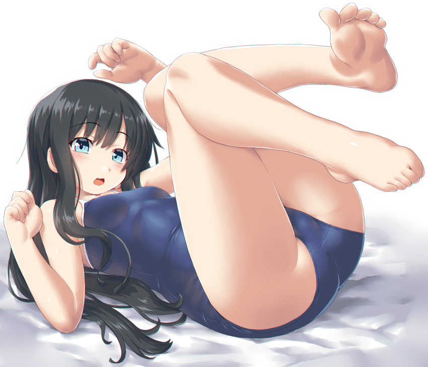 1girl asashio_(kantai_collection) bare_shoulders barefoot black_hair blue_eyes blue_swimsuit breasts dd_(ijigendd) full_body highres kantai_collection legs legs_up long_hair looking_at_viewer one-piece_swimsuit school_swimsuit small_breasts solo swimsuit thighs white_background