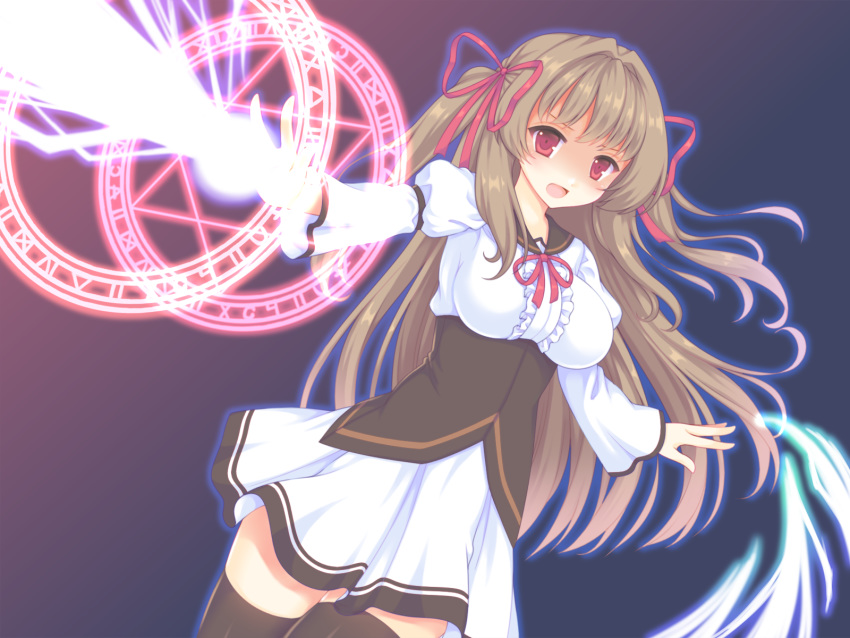 1girl :d bangs black_legwear black_sailor_collar breasts brown_hair center_frills commentary_request dutch_angle eyebrows_visible_through_hair hair_ribbon highres juliet_sleeves long_hair long_sleeves looking_at_viewer magic_circle magical_girl medium_breasts neck_ribbon open_mouth original pleated_skirt puffy_sleeves red_eyes red_ribbon ribbon sailor_collar sakurato_ototo_shizuku shaded_face shirt skirt smile solo standing thigh-highs two_side_up underbust very_long_hair white_shirt white_skirt