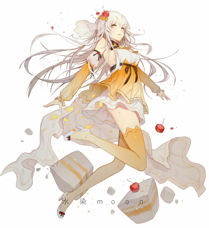 1girl artist_name bare_shoulders cherry commentary_request detached_sleeves dress eyebrows_behind_hair floating_hair food fruit halter_top halterneck high_heels highres long_hair open_mouth original shui_ran_moon solo thigh-highs very_long_hair white_footwear white_hair yellow_dress yellow_eyes yellow_legwear