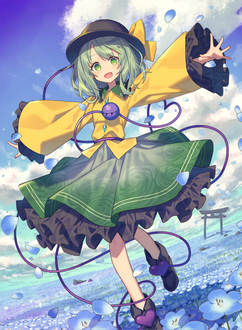 1girl black_footwear black_headwear blue_flower blue_sky boots clouds collared_shirt day floral_print flower frilled_skirt frills green_eyes green_hair green_skirt hat hat_ribbon heart heart_of_string highres komeiji_koishi long_sleeves looking_at_viewer medium_hair open_mouth outdoors outstretched_arms petals ribbon shirt skirt sky smile solo spread_arms third_eye torii touhou wide_sleeves wind yellow_ribbon yellow_shirt zaza_(x-can01)