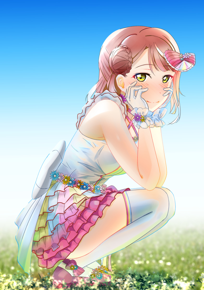 1girl absurdres back_bow bare_shoulders bow bow_footwear breasts cross-laced_top dress ear eyebrows_visible_through_hair flower frilled_gloves frilled_straps frills gloves grass hair_bun hair_ornament hands_on_own_face highres idol love_live! love_live!_school_idol_festival_all_stars medium_breasts outdoors pink_footwear pink_skirt profile rainbow_skirt redhead short_hair side_bun skirt sleeveless sleeveless_dress solo squatting striped thigh-highs uehara_ayumu white_gloves white_legwear yellow_eyes zakimpo zettai_ryouiki