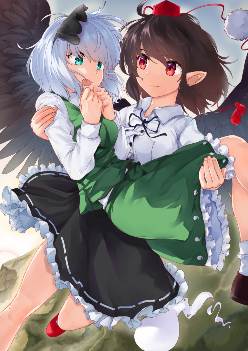 2girls absurdres ascot bangs bird_wings black_ascot black_bow black_footwear black_hair black_hairband black_ribbon black_skirt black_wings blunt_bangs bob_cut bow breasts carrying collared_shirt commentary commentary_request day eyebrows_visible_through_hair flying frilled_skirt frills green_eyes green_skirt green_vest hairband hands_together hat highres hitodama hitodama_print holding holding_person konpaku_youmu looking_at_another mary_janes medium_breasts medium_skirt mountain multiple_girls open_mouth pointy_ears pom_pom_(clothes) puffy_sleeves red_eyes red_footwear ribbon shameimaru_aya shirokaba114 shirt shoes short_hair silver_hair skirt skirt_set smile socks tengu tokin_hat touhou vest white_shirt wings