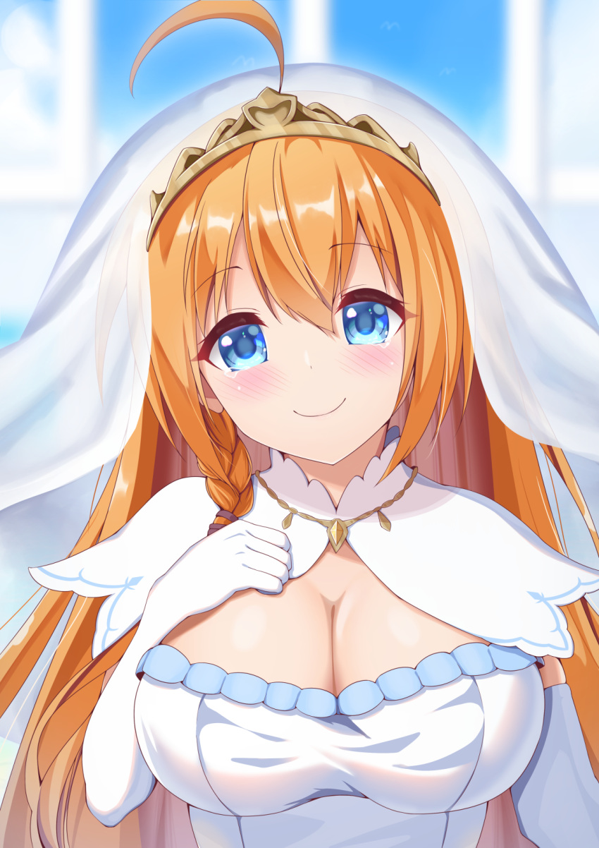 1girl ahoge blue_eyes blue_sky blurry blurry_background blush braid bridal_veil commentary_request dress elbow_gloves gloves hand_on_own_chest highres long_hair looking_at_viewer orange_hair pecorine princess_connect! princess_connect!_re:dive side_braid sky smile solo syurimp tiara upper_body veil very_long_hair wedding_dress white_dress white_gloves window