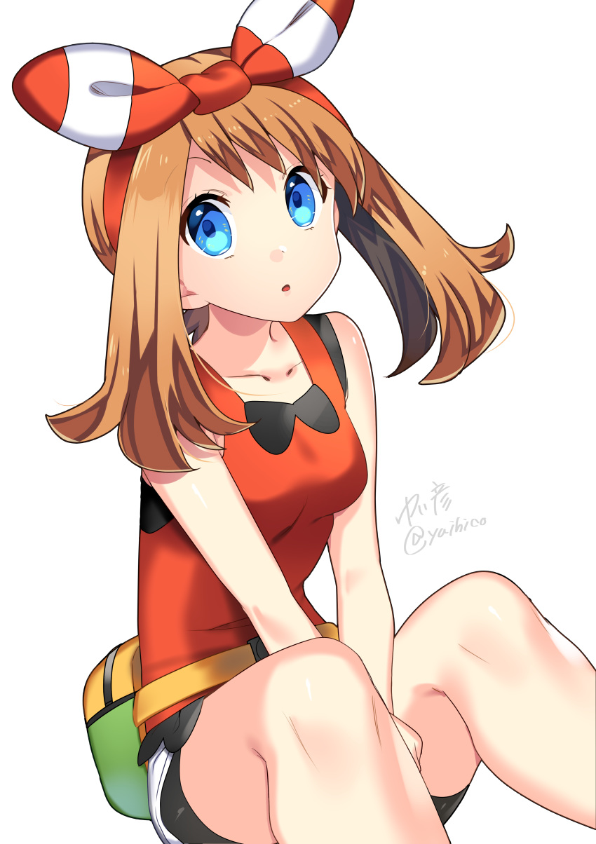 1girl absurdres bangs between_legs bike_shorts black_shorts blue_eyes bow breasts brown_hair collarbone hair_ribbon hairband hand_between_legs haruka_(pokemon) highres long_hair looking_at_viewer medium_breasts open_mouth pokemon pokemon_(game) pokemon_oras red_hairband red_ribbon red_shirt ribbon shiny shiny_clothes shiny_hair shirt short_shorts shorts simple_background sitting sleeveless sleeveless_shirt solo striped striped_ribbon twintails twitter_username white_background yuihiko