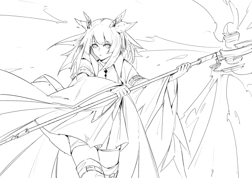 1girl absurdres animal_ears areaaaron arknights closed_mouth cowboy_shot greyscale hair_ornament highres holding holding_weapon lineart long_hair long_sleeves looking_at_viewer monochrome ptilopsis_(arknights) solo standing thigh-highs weapon wide_sleeves