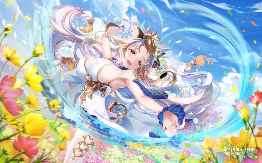 1girl animal_ears bird birdcage bostaurus_(pride_of_eden) breasts cage copyright_name dress field flower flower_field forehead hair_flower hair_ornament highres horns jewelry large_breasts long_hair multicolored_hair no_panties official_art open_mouth outdoors paint_musume petals pride_of_eden sideboob sky solo tail thigh-highs yellow_eyes