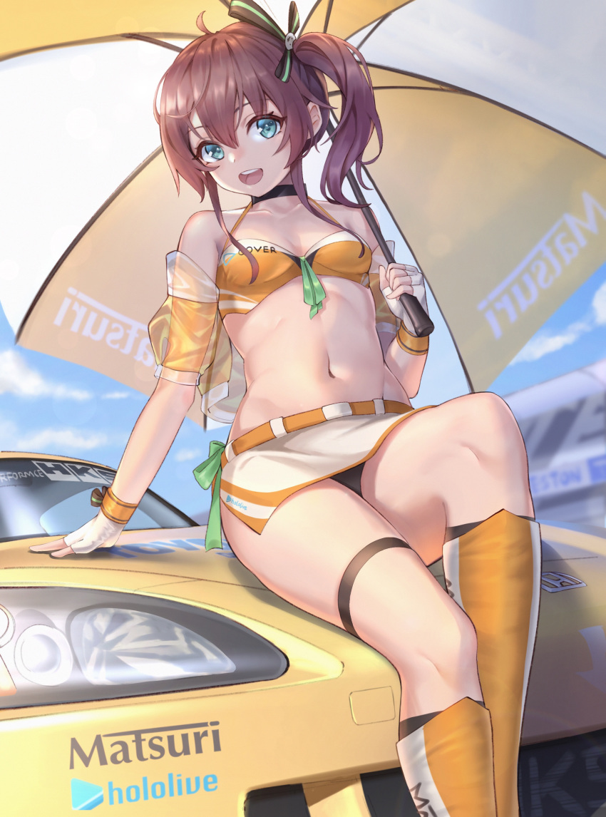 1girl absurdres ahoge bare_shoulders black_choker black_panties blue_eyes blue_sky boots breasts brown_hair car choker collarbone day ground_vehicle hair_between_eyes hair_ornament highres holding holding_umbrella hololive honda_s2000 joeychen looking_at_viewer motor_vehicle natsuiro_matsuri navel open_mouth orange_footwear outdoors panties racequeen see-through_sleeves side_ponytail sitting sky small_breasts smile solo thigh_strap umbrella underwear virtual_youtuber