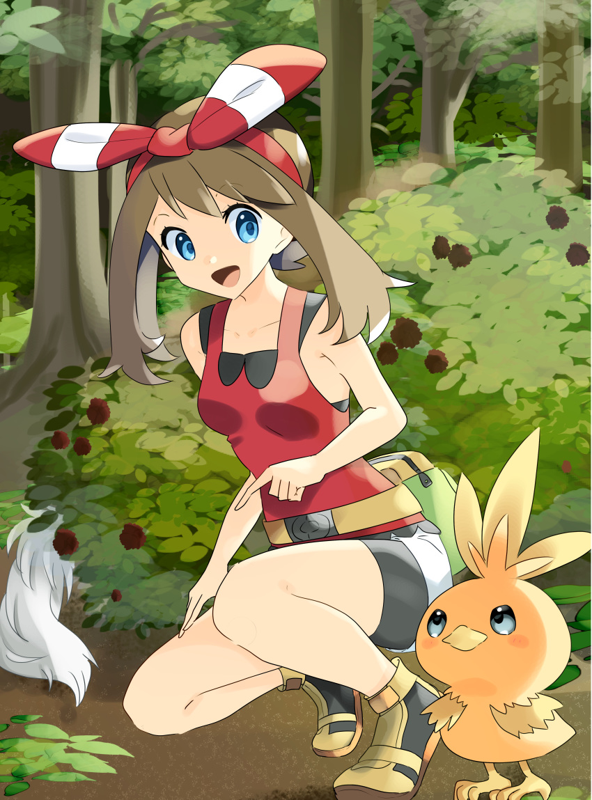 1girl :d absurdres bangs bike_shorts black_shorts blue_eyes bow breasts brown_hair collarbone day eye_contact eyebrows_visible_through_hair floating_hair forest gen_3_pokemon hair_between_eyes hair_bow hairband haruka_(pokemon) highres index_finger_raised long_hair looking_at_another nature open_mouth outdoors pokemon pokemon_(creature) pokemon_(game) pokemon_oras red_hairband red_shirt shiny shiny_hair shirt short_shorts shorts shorts_under_shorts sleeveless sleeveless_shirt small_breasts smile solo starter_pokemon striped striped_bow torchic twintails white_shorts yuihiko