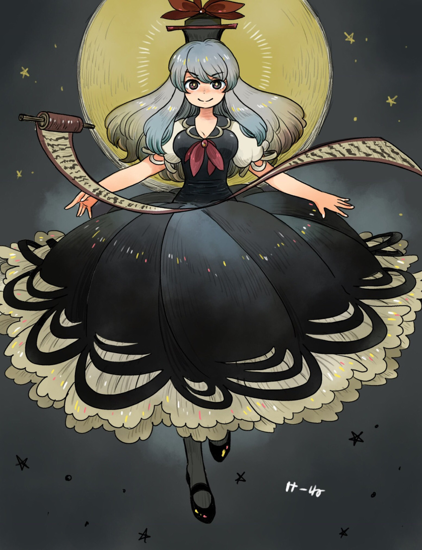 1girl black_footwear black_headwear blue_dress breasts character_name commentary_request dress floating full_body full_moon grey_background grey_legwear hat highres kamishirasawa_keine long_hair looking_at_viewer mashuu_masaki medium_breasts moon outstretched_arms puffy_short_sleeves puffy_sleeves red_neckwear scroll shirt shoes short_sleeves smile solo spread_arms star_(symbol) touhou white_shirt