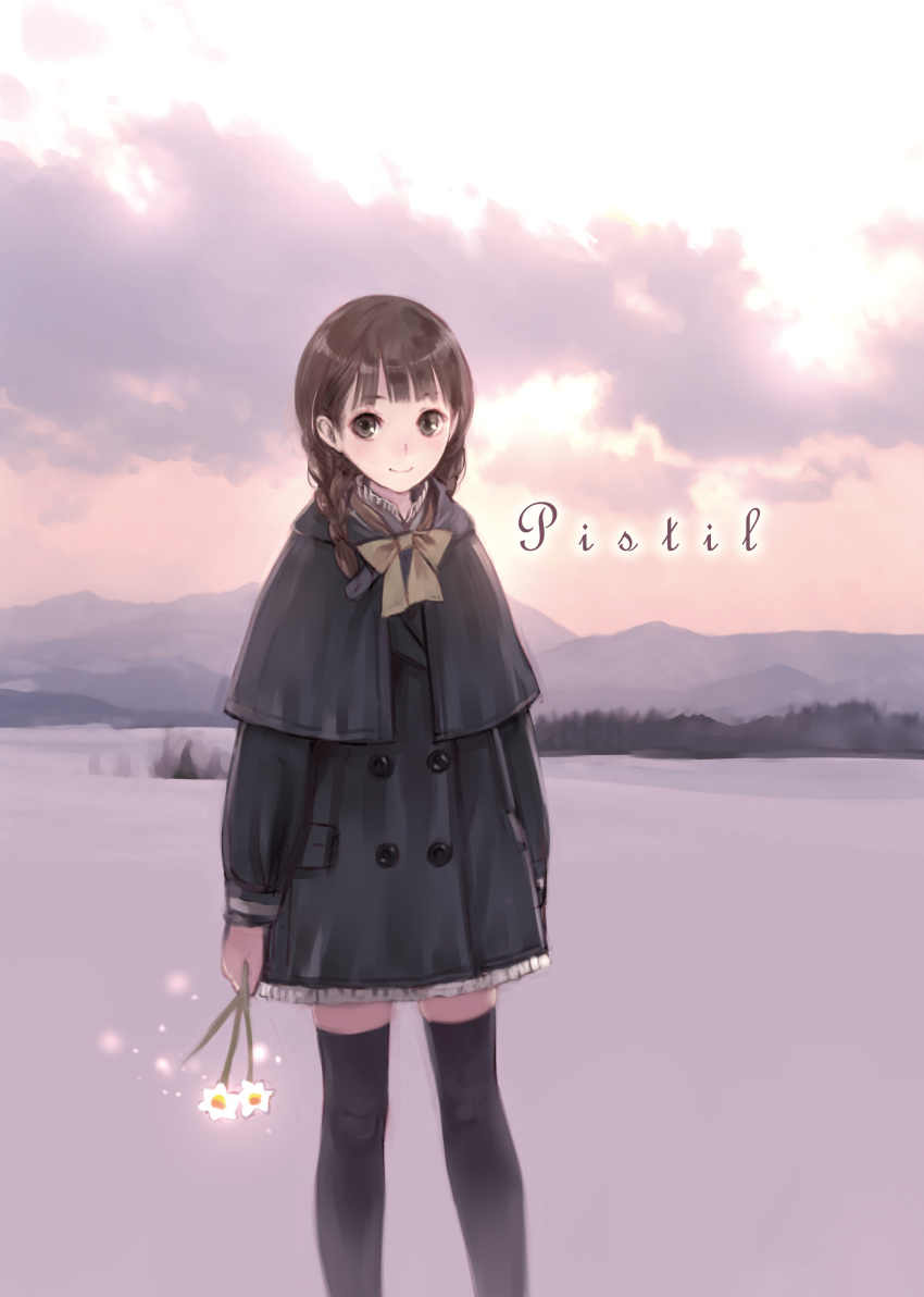 1girl absurdres bangs black_legwear blunt_bangs bow bowtie braid brown_eyes brown_hair capelet clouds cloudy_sky coat flower hair_over_shoulder highres holding holding_flower kishida_mel long_hair long_sleeves looking_at_viewer low_twintails mountainous_horizon neck_ribbon original outdoors ribbon sky snow solo thigh-highs twin_braids twintails zettai_ryouiki