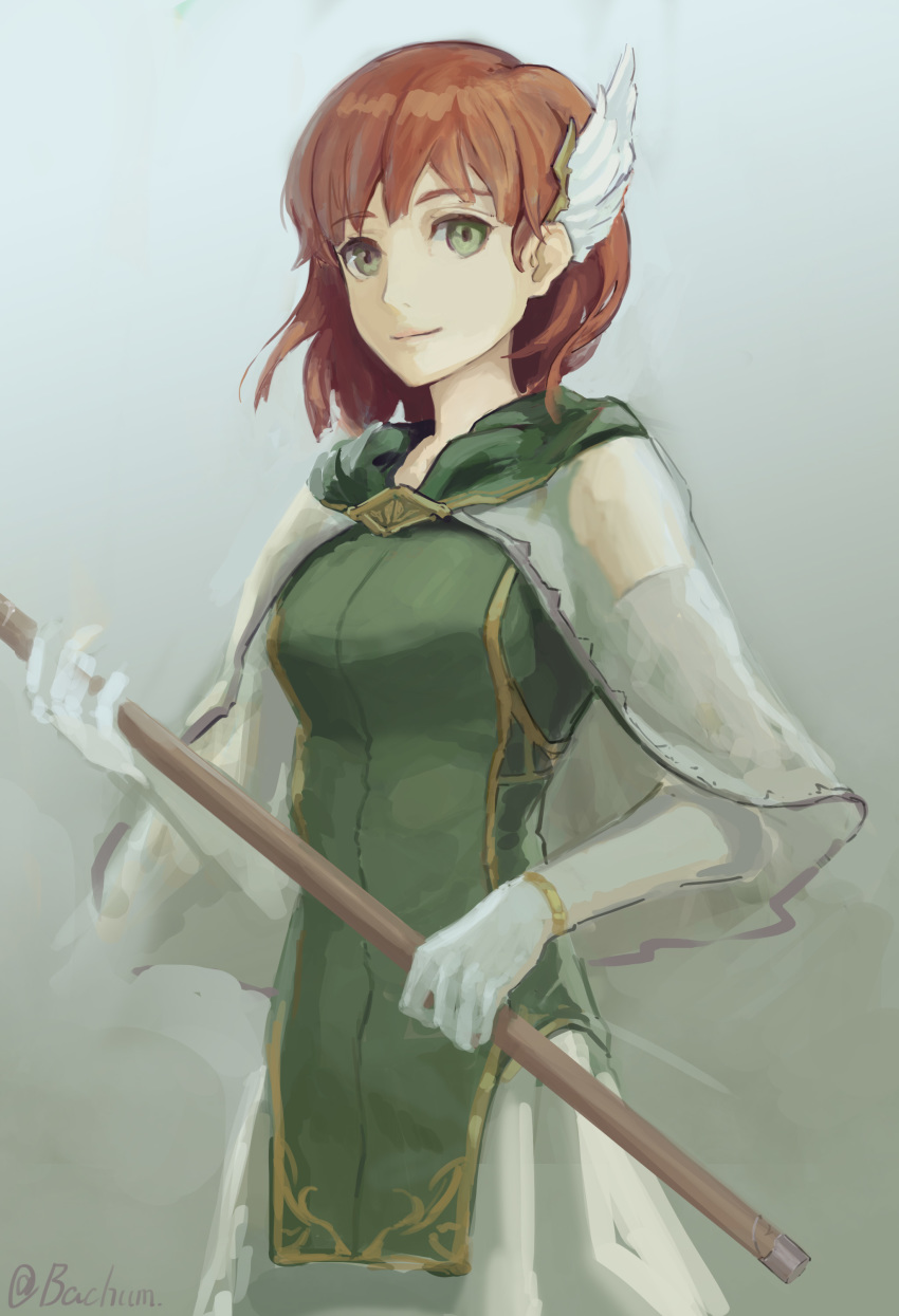 1girl absurdres brown_hair capelet closed_mouth elbow_gloves fire_emblem fire_emblem:_the_blazing_blade gloves green_eyes grey_background hair_over_one_eye highres holding holding_staff hood hood_down priscilla_(fire_emblem) samohichi see-through shiny shiny_hair short_hair simple_background skirt smile solo staff standing white_capelet white_gloves white_skirt