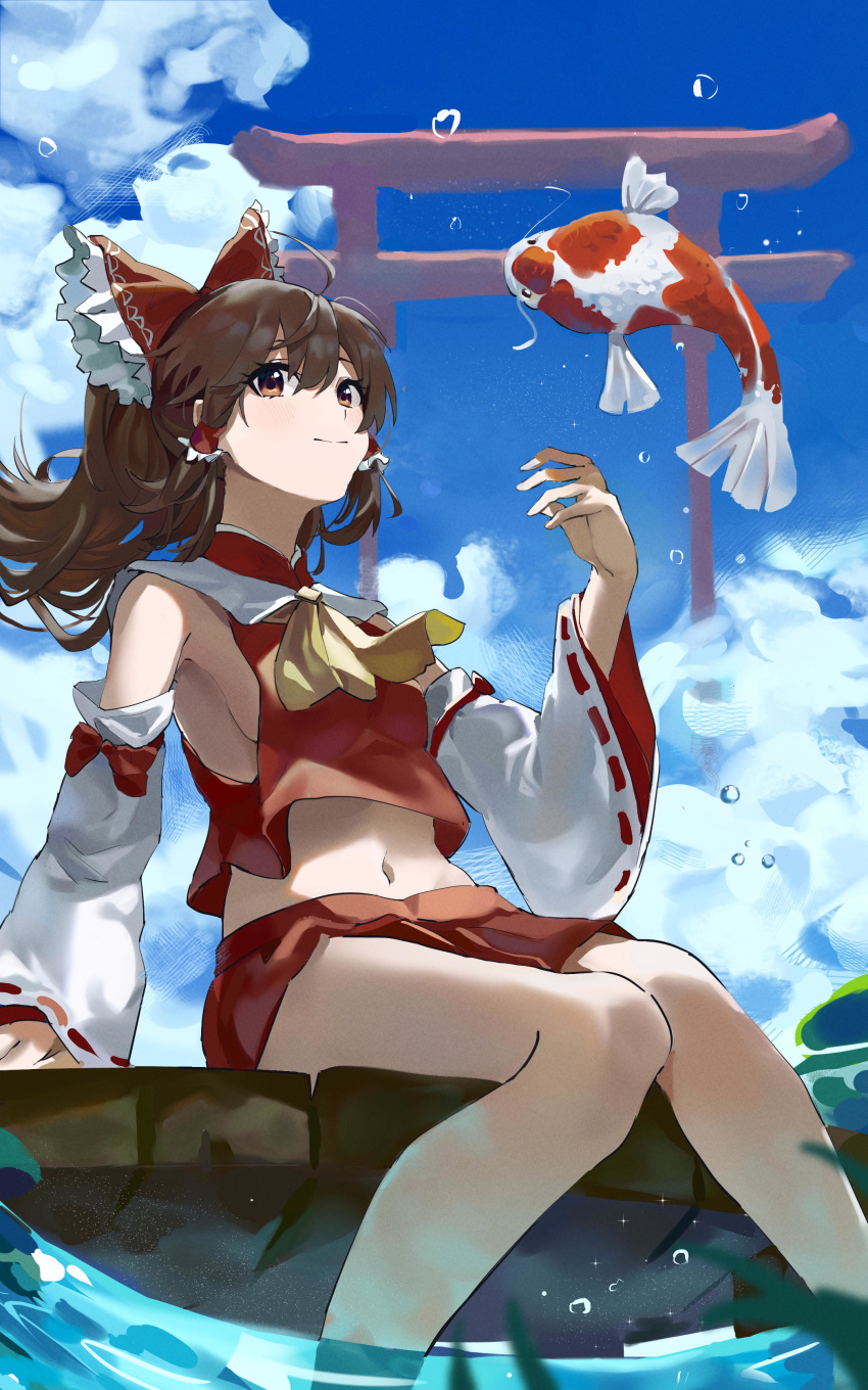 1girl absurdres ahoge animal ascot bare_shoulders barefoot blue_sky bow breasts brown_eyes brown_hair closed_mouth clouds commentary_request day detached_sleeves feet_out_of_frame fish frilled_bow frills hair_bow hakurei_reimu hand_up highres hirasawagitai koi long_hair long_sleeves looking_at_viewer midriff miniskirt navel outdoors pier ponytail red_bow red_skirt ribbon-trimmed_sleeves ribbon_trim sideboob skirt sky small_breasts smile soaking_feet solo torii touhou water water_drop yellow_neckwear