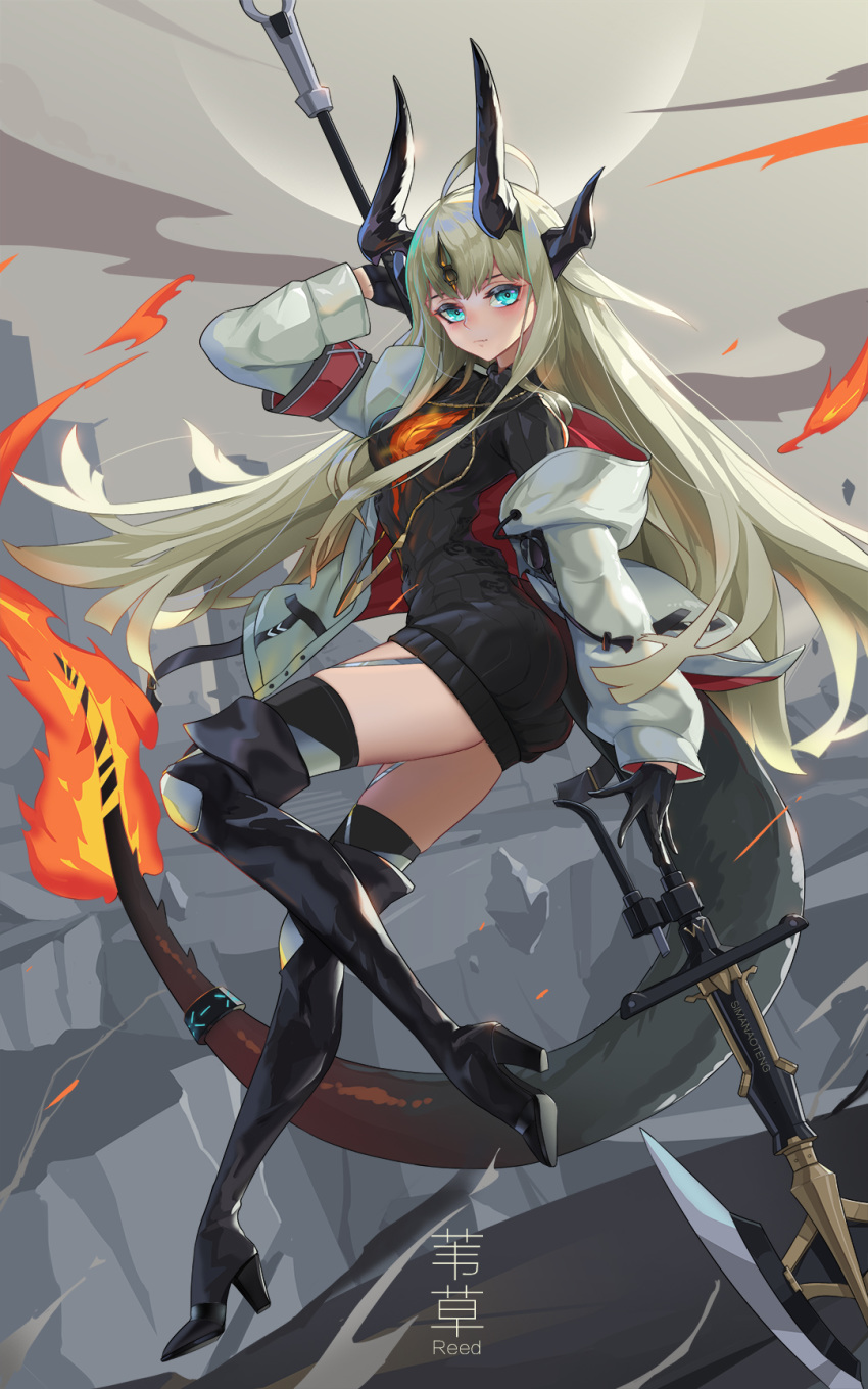 1girl arknights black_gloves black_legwear blue_eyes boots breasts dragon_girl dragon_horns dragon_tail fire full_body gloves high_heels highres horns long_hair medium_breasts reed_(arknights) sima_naoteng tail thigh-highs thigh_boots weapon white_hair