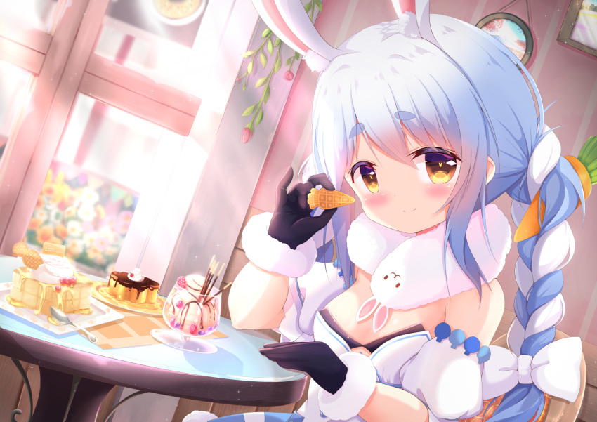 1girl animal_ears blush braid breasts carrot_hair_ornament english_text food food_themed_hair_ornament gloves hair_ornament highres hololive kittipat_jituatakul long_hair rabbit_ears restaurant small_breasts smile solo sweets table thick_eyebrows twin_braids usada_pekora virtual_youtuber