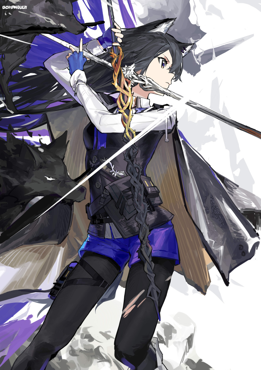 1girl absurdres animal_ears arknights artist_name black_cape black_hair black_pantyhose black_vest blocking blue_gloves blue_necktie blue_shorts breasts cape collared_shirt feet_out_of_frame fingerless_gloves gloves gohanduck highres holding holding_sword holding_weapon long_hair long_sleeves necktie official_alternate_costume pantyhose pantyhose_under_shorts shirt shorts simple_background small_breasts solo standing sword texas_(arknights) texas_the_omertosa_(arknights) torn_pantyhose vest weapon white_background white_shirt wolf wolf_ears wolf_girl yellow_eyes