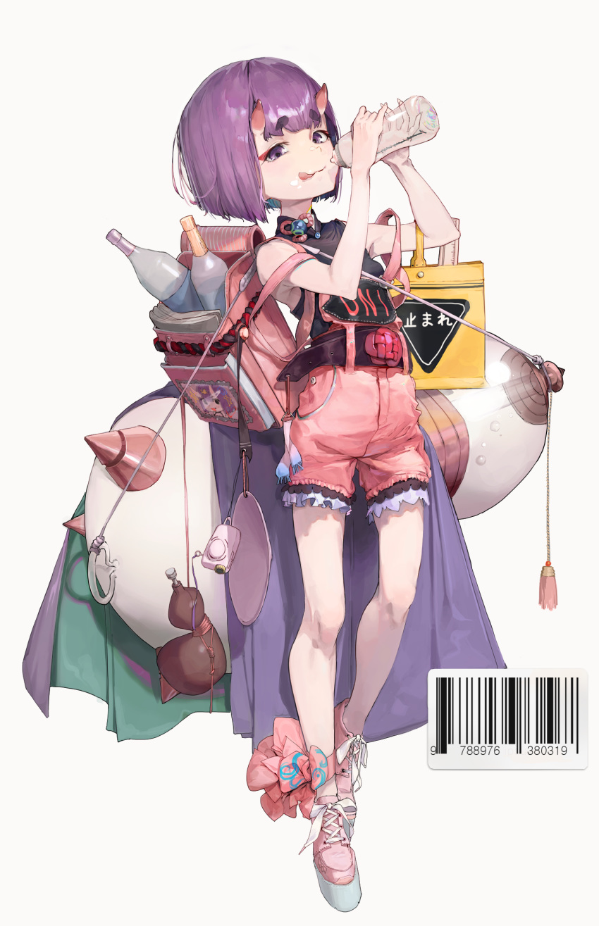 1girl :q ankle_ribbon backpack bag barcode bob_cut bottle fate/grand_order fate_(series) frilled_shorts frills gourd highres holding horns oni_horns overalls pink_footwear pink_shorts platform_footwear purple_hair rawtuna ribbon short_hair shorts shoulder_bag shuten_douji_(fate/grand_order) sleeveless solo thick_eyebrows tongue tongue_out violet_eyes water_bottle