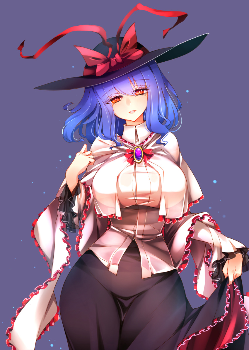 1girl absurdres ascot bangs black_skirt bow capelet cowboy_shot curvy eyebrows_visible_through_hair eyelashes hat hat_bow hat_ribbon high_collar highres hip_focus lifted_by_self long_skirt looking_at_viewer medium_hair nagae_iku narrow_waist raptor7 red_eyes red_neckwear red_ribbon ribbon shawl skirt skirt_lift solo touhou violet_eyes wavy_hair white_capelet wide_hips