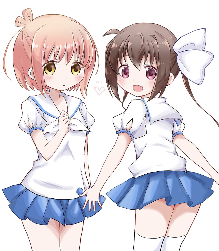 2girls :d :o bangs blue_skirt blush bow brown_eyes brown_hair commentary_request eyebrows_visible_through_hair fang hair_between_eyes hair_bow heart highres ichinose_hana long_hair looking_at_viewer looking_back momochi_tamate multiple_girls neckerchief one_side_up open_mouth parted_lips pleated_skirt puffy_short_sleeves puffy_sleeves sailor_collar school_uniform serafuku shika_(s1ka) shirt short_sleeves simple_background skirt slow_start smile standing thigh-highs twintails very_long_hair violet_eyes white_background white_bow white_legwear white_neckwear white_sailor_collar white_shirt yellow_eyes