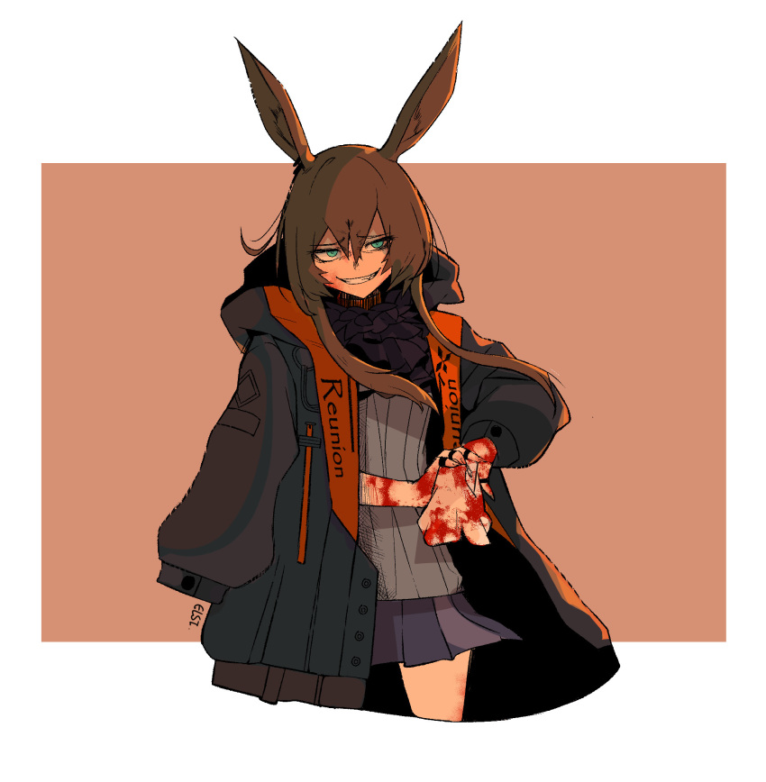 1girl alternate_color amiya_(arknights) animal_ears aqua_eyes arknights blood blood_on_face bloody_hands brown_hair bunny_girl commentary_request evil_grin evil_smile grin highres hood hooded_jacket jacket long_hair multiple_rings open_clothes rabbit_ears reunion_logo_(arknights) skirt smile solo what_if