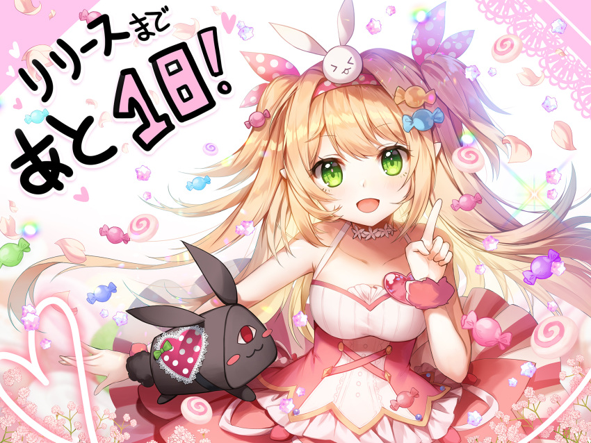 1girl apple_caramel bangs bare_arms blonde_hair breasts candy choker collarbone commentary_request countdown dress eyebrows_visible_through_hair food green_eyes hair_between_eyes hair_ribbon hairband halterneck heart highres index_finger_raised long_hair looking_at_viewer medium_breasts official_art original pointy_ears red_dress ribbon sidelocks solo two_side_up