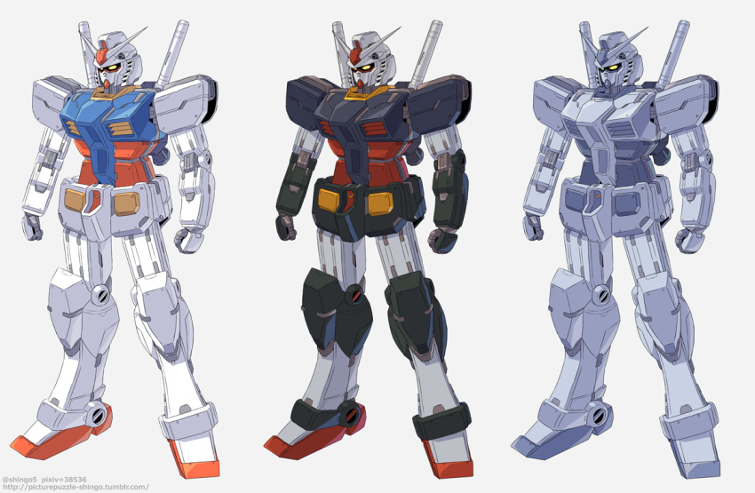 artist_name clenched_hands g-3_gundam gundam gundam_battle_universe gundam_msv joints looking_down mecha mobile_suit_gundam multiple_views no_humans redesign robot_joints rx-78-2 rx-78-2_real_type shingo_(picturepuzzle) standing yellow_eyes