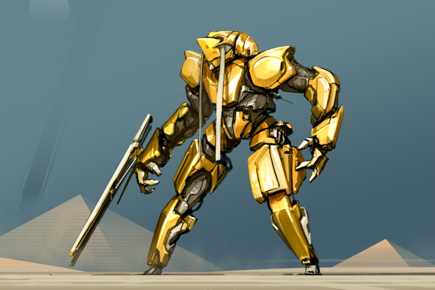 cannon desert highres hunched_over ksenolog mecha no_humans open_hands original pyramid robot solo standing
