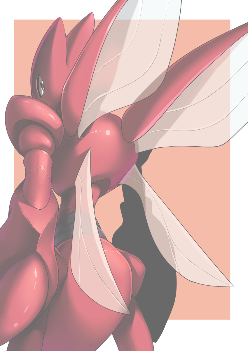 absurdres commentary_request gen_2_pokemon highres jie_laite looking_at_viewer looking_back no_humans orange_background pokemon pokemon_(creature) scizor shiny solo two-tone_background wings yellow_eyes