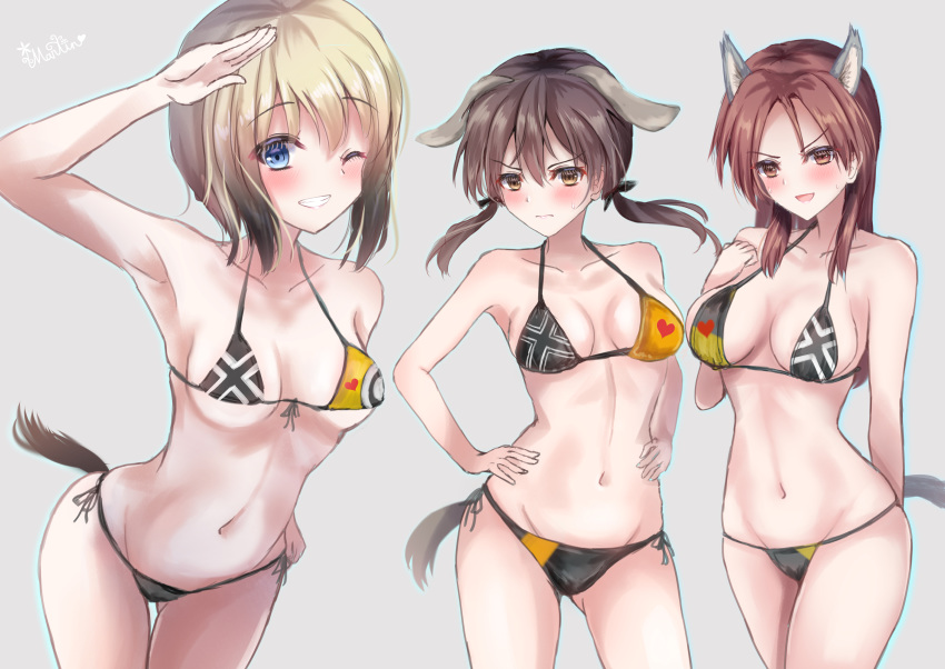 3girls absurdres animal_ears bikini blonde_hair blue_eyes breasts brown_eyes brown_hair collarbone commentary_request cowboy_shot dog_ears dog_tail erica_hartmann flag_print front-tie_top gertrud_barkhorn grey_background grin halterneck hands_on_hips highres leaning_forward long_hair looking_at_viewer martinreaction medium_breasts minna-dietlinde_wilcke multicolored multicolored_bikini multicolored_clothes multiple_girls print_bikini salute short_hair side-tie_bikini simple_background small_breasts smile standing strike_witches string_bikini swimsuit tail thigh_gap twintails world_witches_series