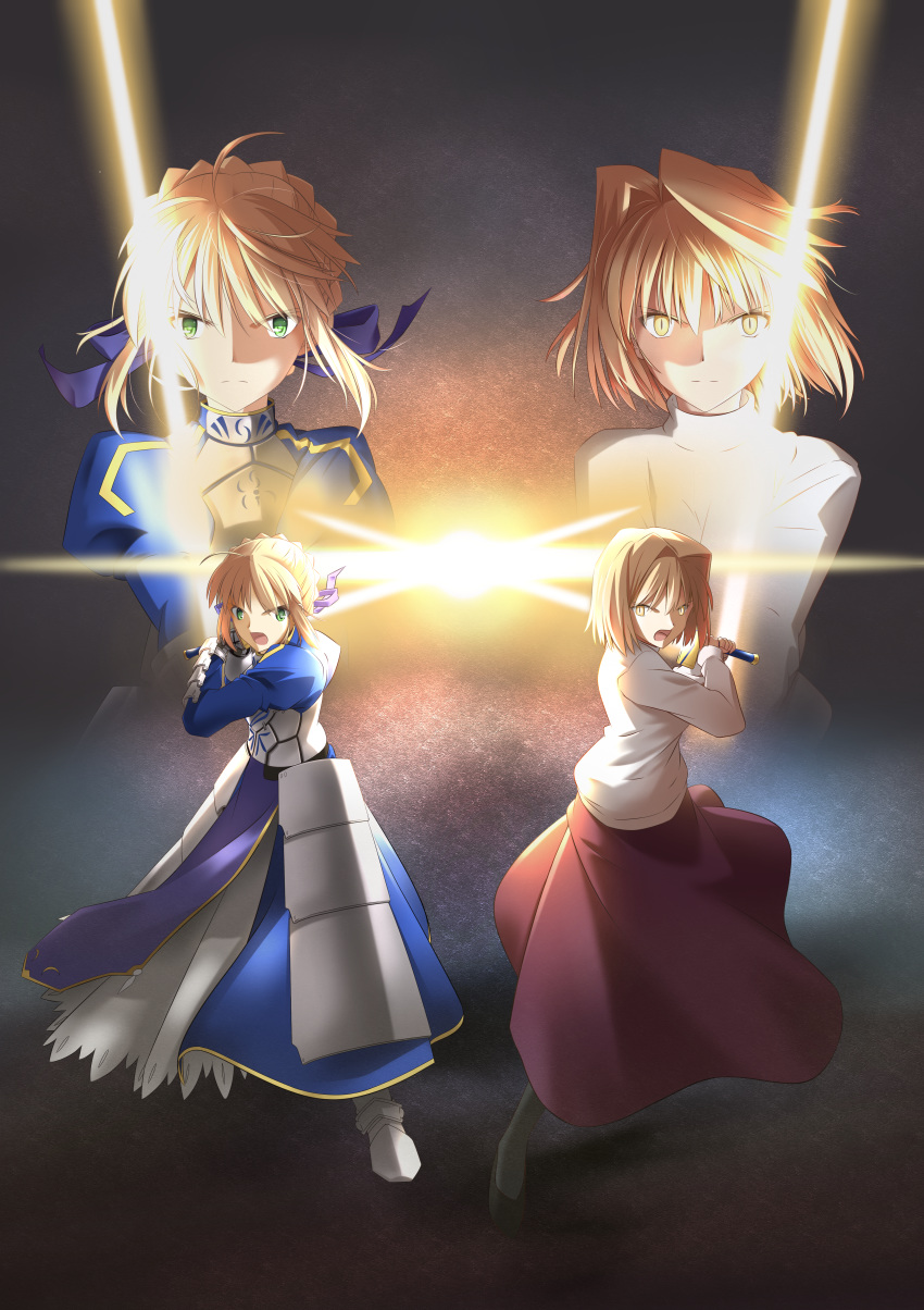 2girls absurdres ahoge arcueid_brunestud armor armored_boots armored_dress artoria_pendragon_(all) black_legwear blonde_hair blue_dress boots braid braided_bun breastplate dress excalibur fate/stay_night fate_(series) faulds floating_hair green_eyes hair_between_eyes hair_tubes highres holding holding_sword holding_weapon huge_filesize long_dress long_skirt long_sleeves looking_at_viewer multiple_girls purple_skirt saber short_hair skirt slit_pupils standing sweater sword taniryuu2 tsukihime turtleneck turtleneck_sweater weapon white_sweater yellow_eyes