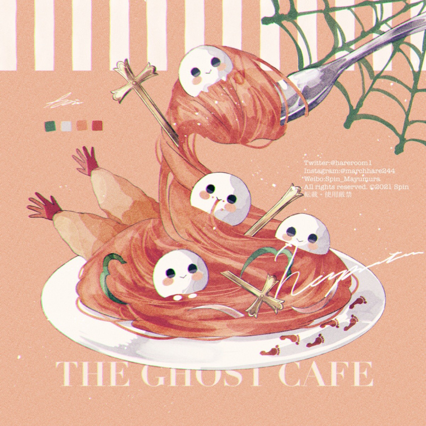 :&gt; blue_eyes blush_stickers closed_mouth commentary cross eating english_text food food_focus footprints fork ghost highres instagram_username no_humans orange_background original pasta plate shrimp signature silk smile spaghetti spider_web spin_mayumura twitter_username weibo_username