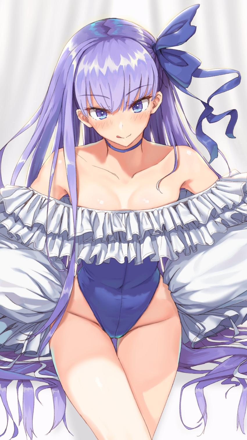 1girl absurdres bangs bare_shoulders blue_eyes blue_swimsuit blush breasts choker closed_mouth collarbone covered_navel fate/grand_order fate_(series) frills hair_between_eyes highleg highleg_swimsuit highres licking_lips long_hair long_sleeves looking_at_viewer maru_(maru1625) meltryllis meltryllis_(swimsuit_lancer)_(fate) one-piece_swimsuit purple_hair ribbon sleeves_past_fingers sleeves_past_wrists small_breasts smile solo swimsuit thighs tongue tongue_out very_long_hair