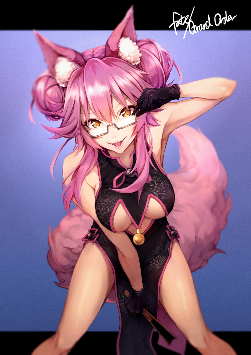 1girl absurdres animal_ear_fluff animal_ears bangs bare_shoulders black_dress black_gloves blunt_bangs breasts center_opening china_dress chinese_clothes double_bun dress fan fangs fate/grand_order fate_(series) folding_fan fox_ears fox_girl fox_tail glasses gloves hair_between_eyes highres igiita_(zmkt3747) koyanskaya large_breasts leaning_forward long_hair looking_at_viewer pelvic_curtain pink_hair sidelocks smile tail yellow_eyes