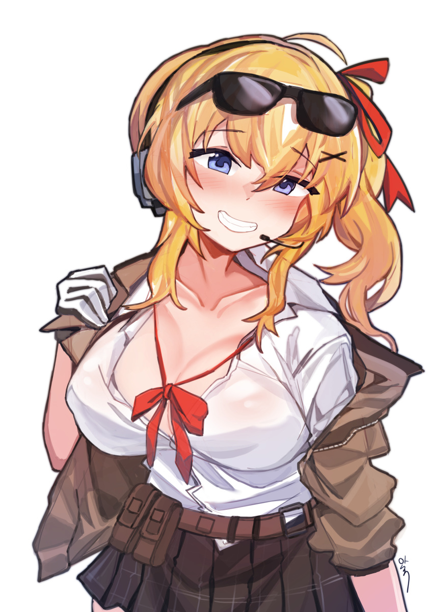1girl aningay blonde_hair blue_eyes blush breasts collarbone girls_frontline grin highres kalina_(girls_frontline) large_breasts see-through side_ponytail sidelocks skirt smile solo unbuttoned unbuttoned_shirt