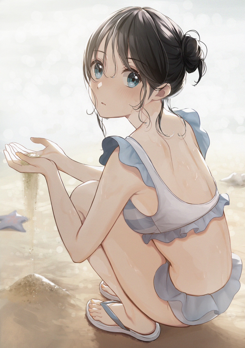 1girl absurdres bare_shoulders beach bikini black_hair blue_eyes breasts closed_mouth cupping_hands frilled_bikini frills hair_bun highres huge_filesize looking_at_viewer looking_back midriff original sand sidelocks slippers small_breasts solo squatting starfish swimsuit thighs tied_hair utaka_(anyoanyot)