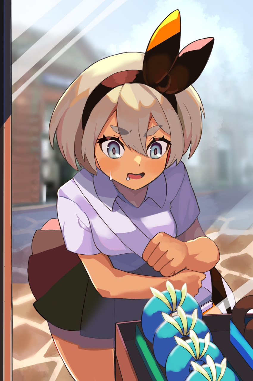 1girl alternate_costume bag bangs black_hairband black_skirt blue_eyes blush collared_shirt commentary_request doughnut drooling eyebrows_visible_through_hair eyelashes food grey_hair hair_between_eyes hairband highres holding katwo_1 looking_at_object looking_in_window open_mouth pleated_skirt pokemon pokemon_(game) pokemon_swsh saitou_(pokemon) saliva shirt short_hair short_sleeves skirt solo tongue white_shirt