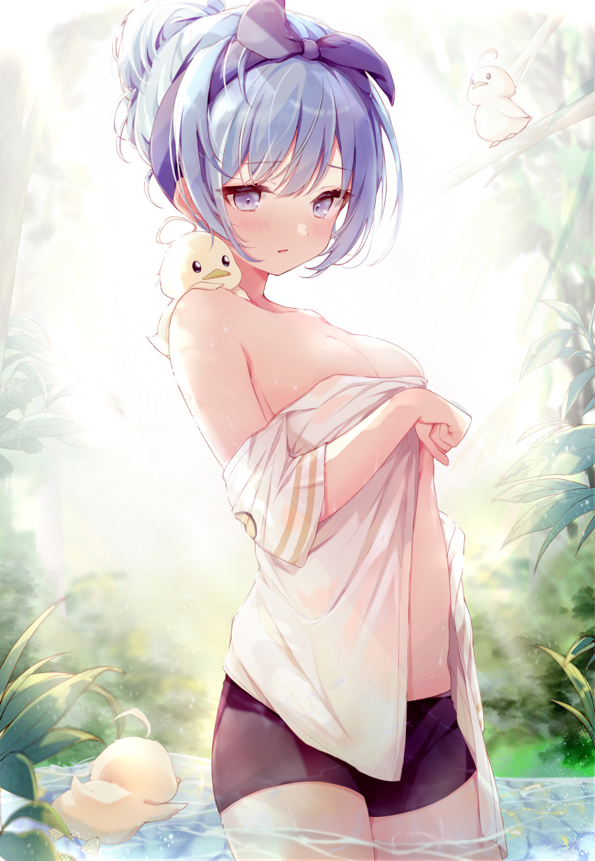 1girl absurdres ahoge bang bangs bare_shoulders bird black_shorts blue_hair blush bow breasts collarbone commentary_request day duck eyebrows_visible_through_hair finger_gun fusuma_(ramunezake) hair_bow hairband highres huge_filesize medium_breasts medium_hair nature off-shoulder_shirt off_shoulder original outdoors parted_lips pink_eyes plant purple_bow purple_hairband shirt shorts solo wading white_shirt