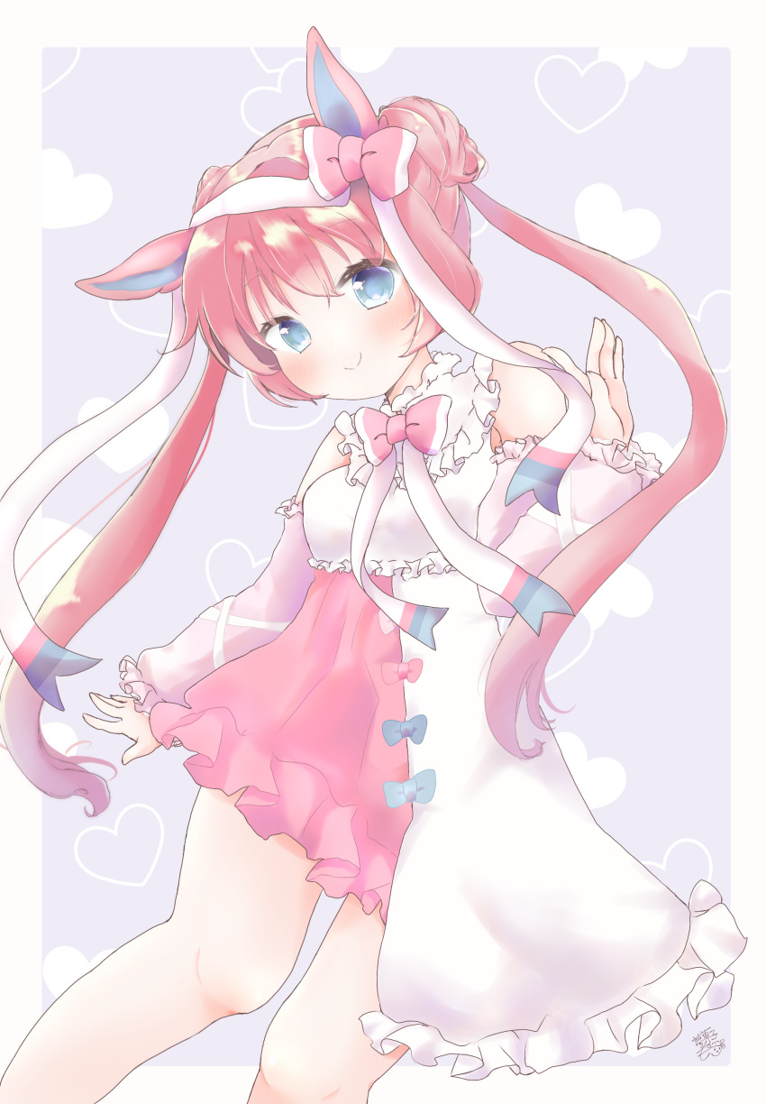 1girl absurdres animal_ears blue_eyes blush bow dress gen_6_pokemon hair_bow hair_ribbon heart highres long_sleeves mofu_ricotta personification pink_bow pink_dress pink_hair pokemon ribbon simple_background smile solo standing sylveon twintails white_ribbon