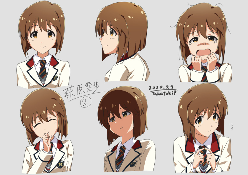 ^_^ absurdres blazer bob_cut brown_hair closed_eyes crying dated expressions hagiwara_yukiho highres idolmaster idolmaster_million_live! jacket messy_hair necktie profile shaded_face short_hair signature simple_background smile takatsuki_p upper_body