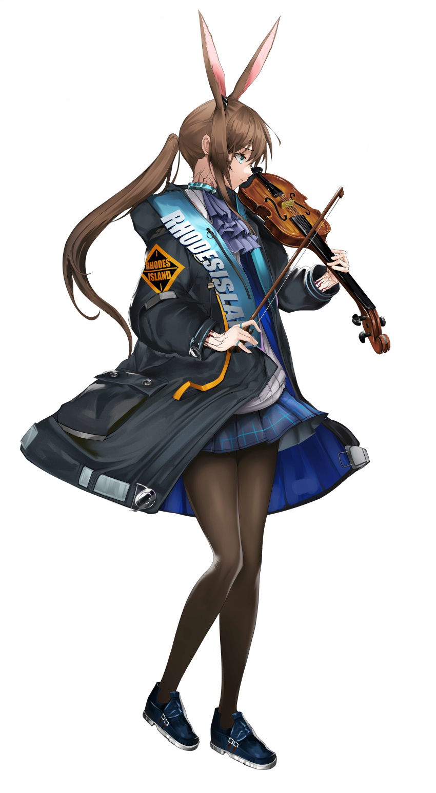 1girl absurdres amiya_(arknights) animal_ears arknights ascot brown_hair frilled_ascot frills highres holding holding_instrument hood hood_down hooded_jacket instrument jacket jewelry multiple_rings music neck_ring nevin_(flyskying) open_clothes open_jacket playing_instrument rabbit_ears ring thighlet thumb_ring violin violin_bow